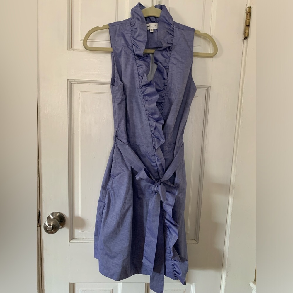 Milly Blue Sleeveless Ruffle-Front Dress.
